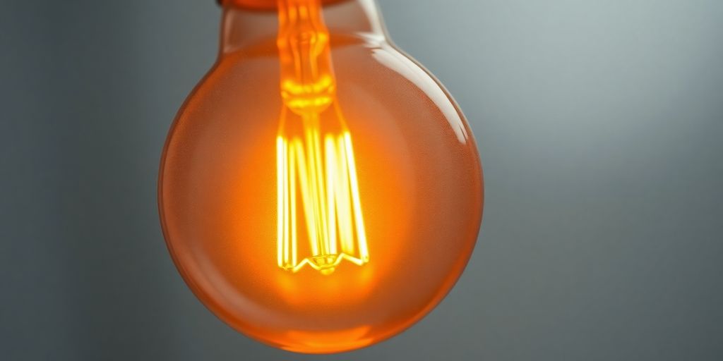 Glowing light bulb with warm filament and soft background.