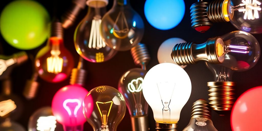Variety of light bulbs in different shapes and colours.