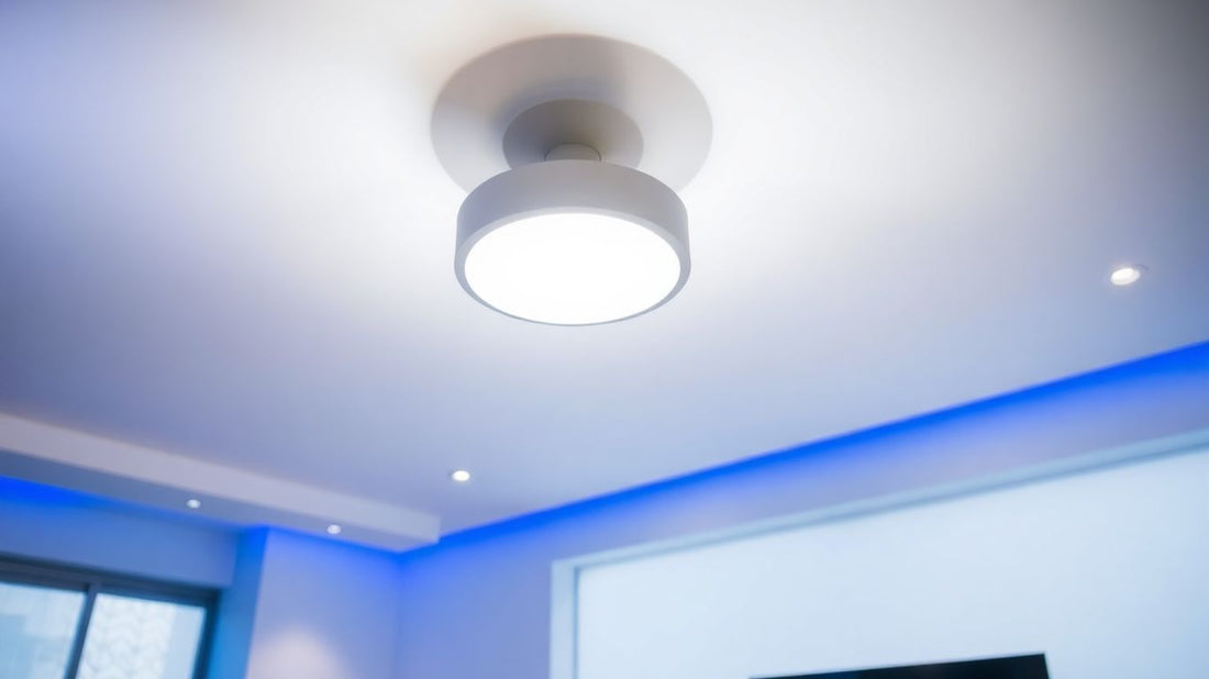 Cool white light illuminating a modern living room interior.