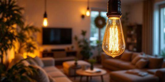 Cozy room illuminated by halogen light bulbs.