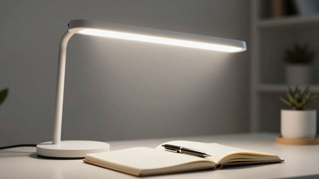 Sleek LED desk lamp illuminating a workspace.