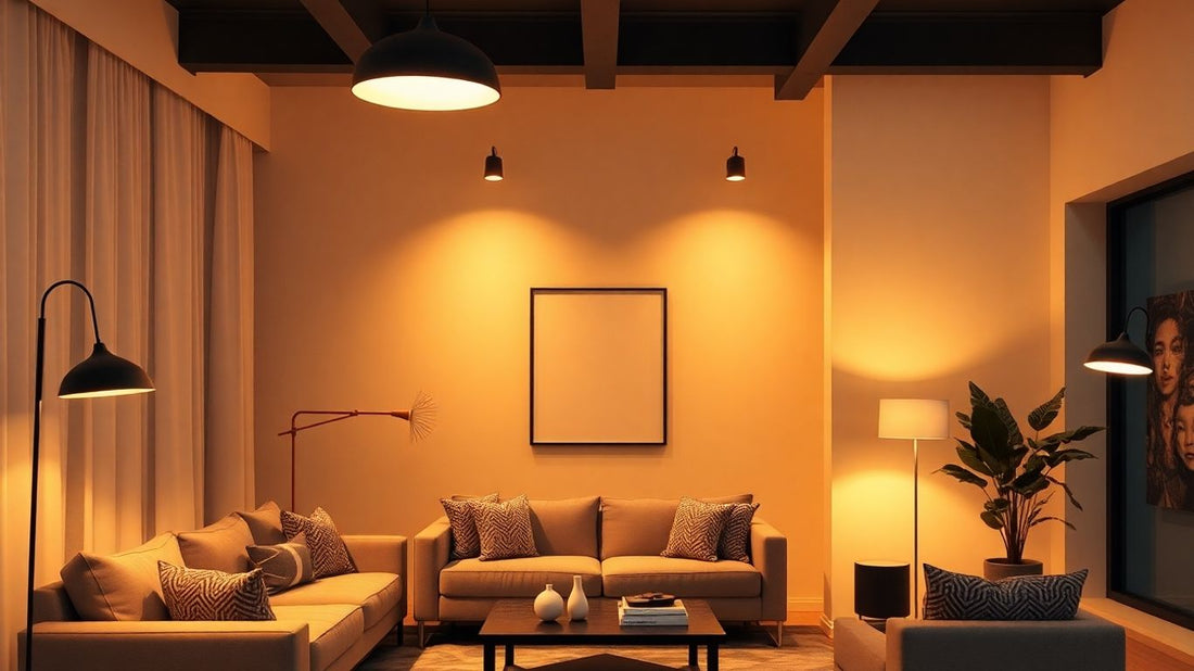 Modern living room with stylish pendant and floor lights.