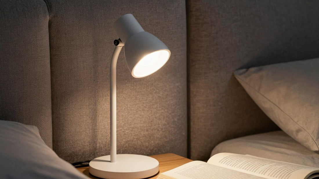 Clip-on reading light illuminating a book on a bedside table.
