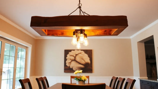 Rustic wood chandelier illuminating a dining room.