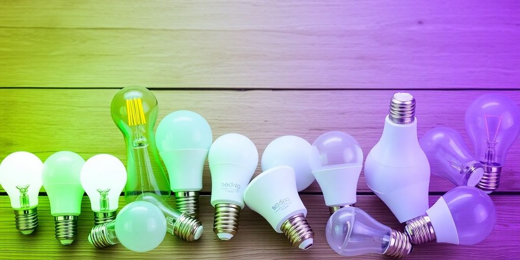 Assorted LED bulbs on a wooden surface.