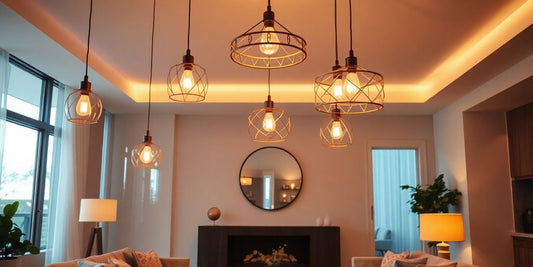 Stylish hanging pendant lights illuminating a modern living room.