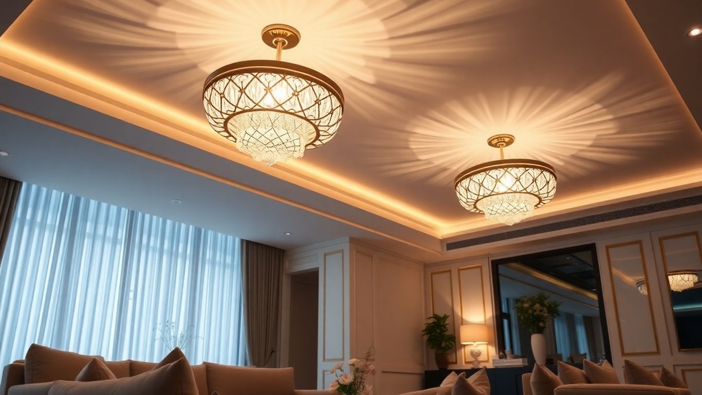 Stylish ceiling light fixtures illuminating a modern living room.