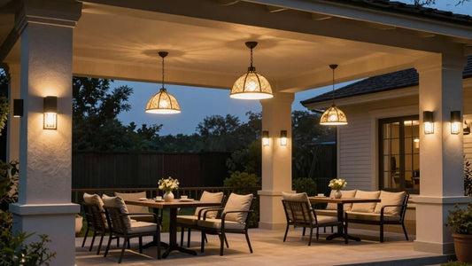 Stylish outdoor ceiling lights illuminating a patio at dusk.