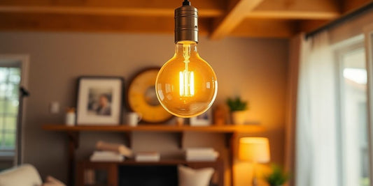 Dimmable LED globe bulb in a warm-lit room.