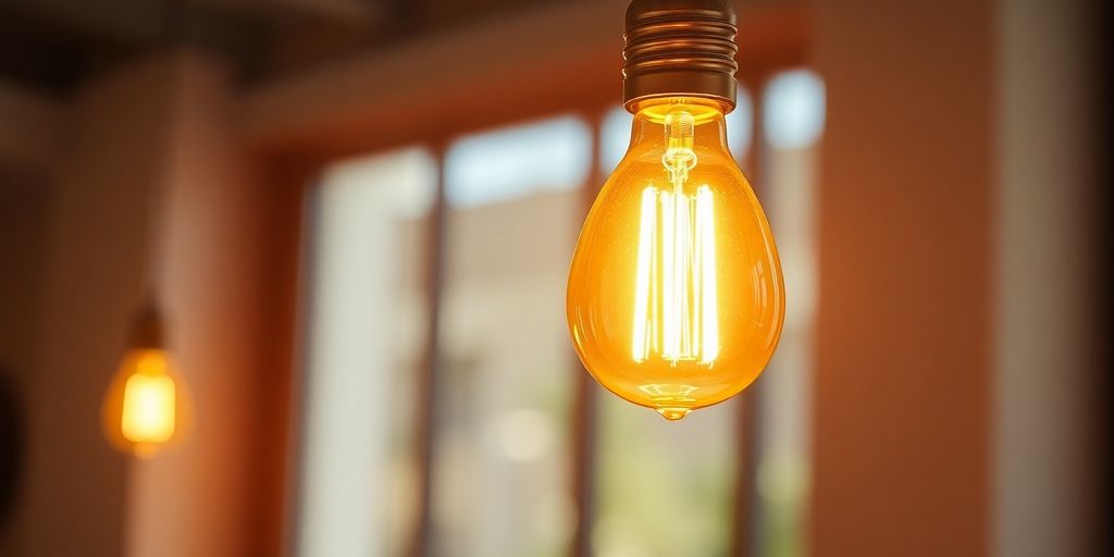 E27 dimmable filament bulb glowing in a modern setting.