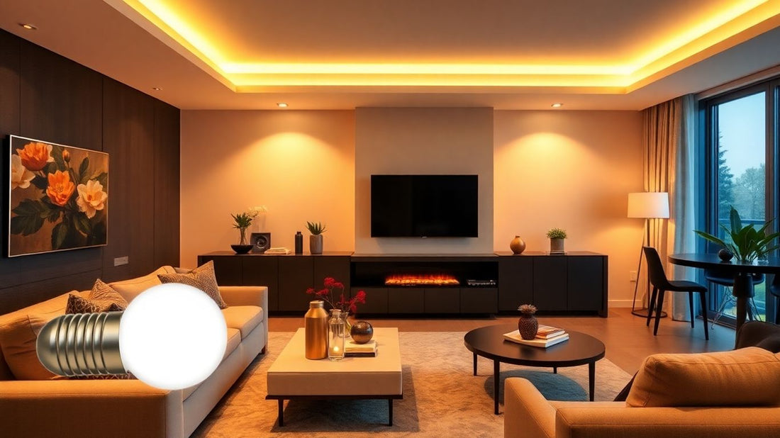 Living room illuminated by dimmable LED bulbs.