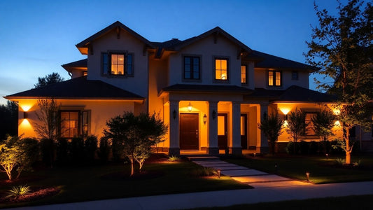 House exterior lit up at night.
