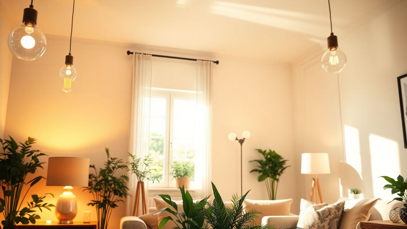 LED light bulbs illuminating a modern living room.
