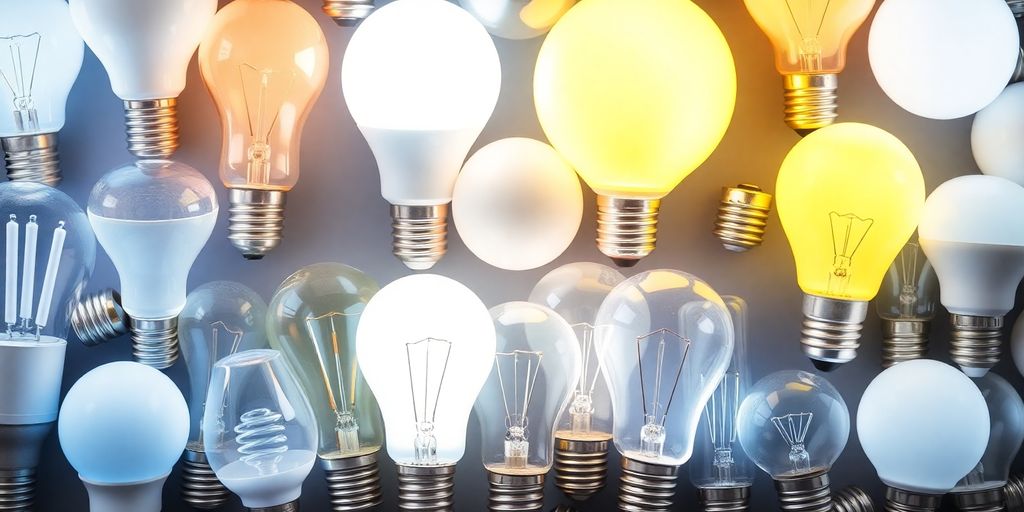 A variety of glowing LED light bulbs in different designs.