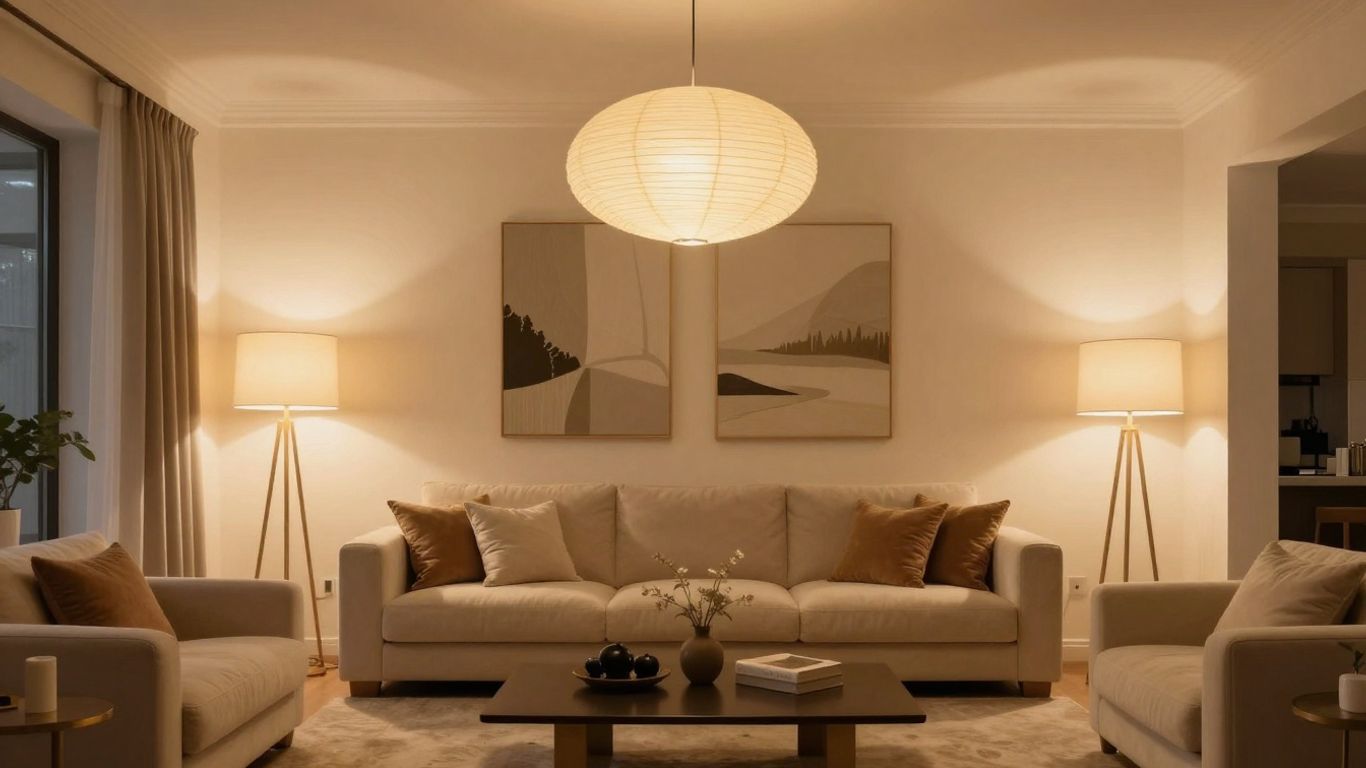 Elegant pendant and floor lamps illuminating a luxurious living room.