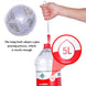 Hand holding a transparent lamp body over a 5L water bottle with text about glue application.
