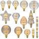 A collection of vintage LED bulbs with a starry firework design, showcasing various shapes and sizes with a warm glow visible through transparent glass.